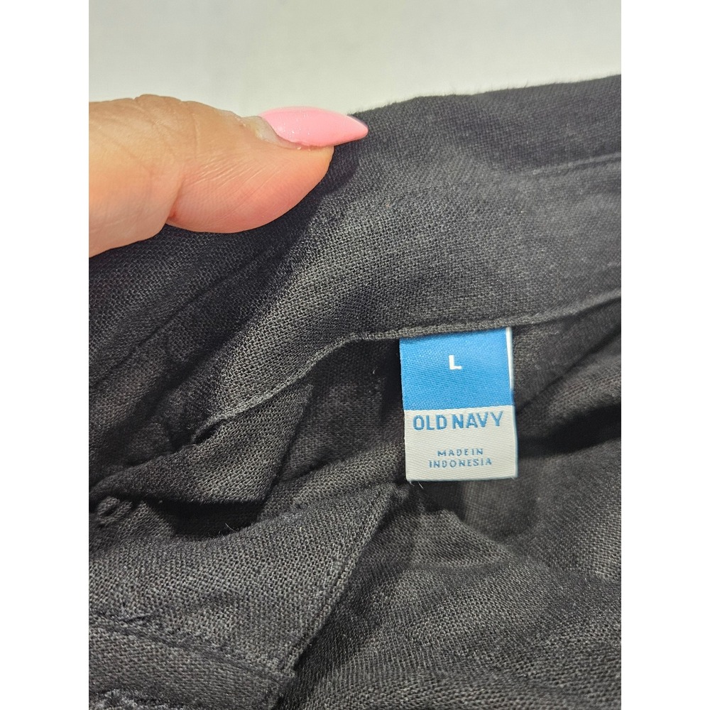 Old Navy Black Linen Blend Short Puff Sleeve Button Down Shirt Dress Pockets - Picture 7 of 10